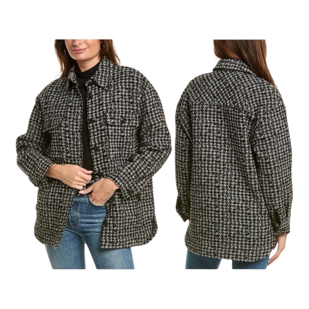 The Kooples Houndstooth Wool Blend Leather Trim Oversized Jacket Size Large New